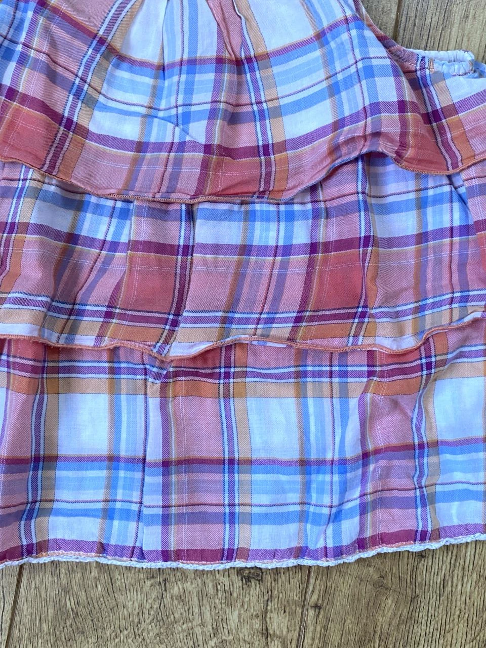 IKKS pink, blue & white checkered blouse 8 years – Bohemian ruffles 100% cotton – photo 3